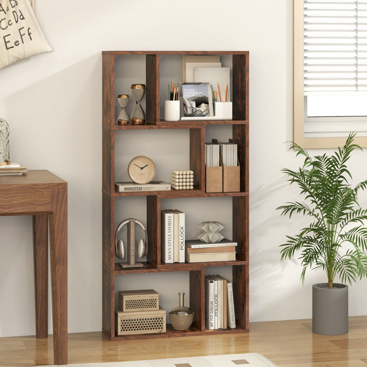 Libreria geometrica a 4 ripiani da 120cm-Organizzatore di stoccaggio moderno con 8 cubi in legno per soggiorno Marrone