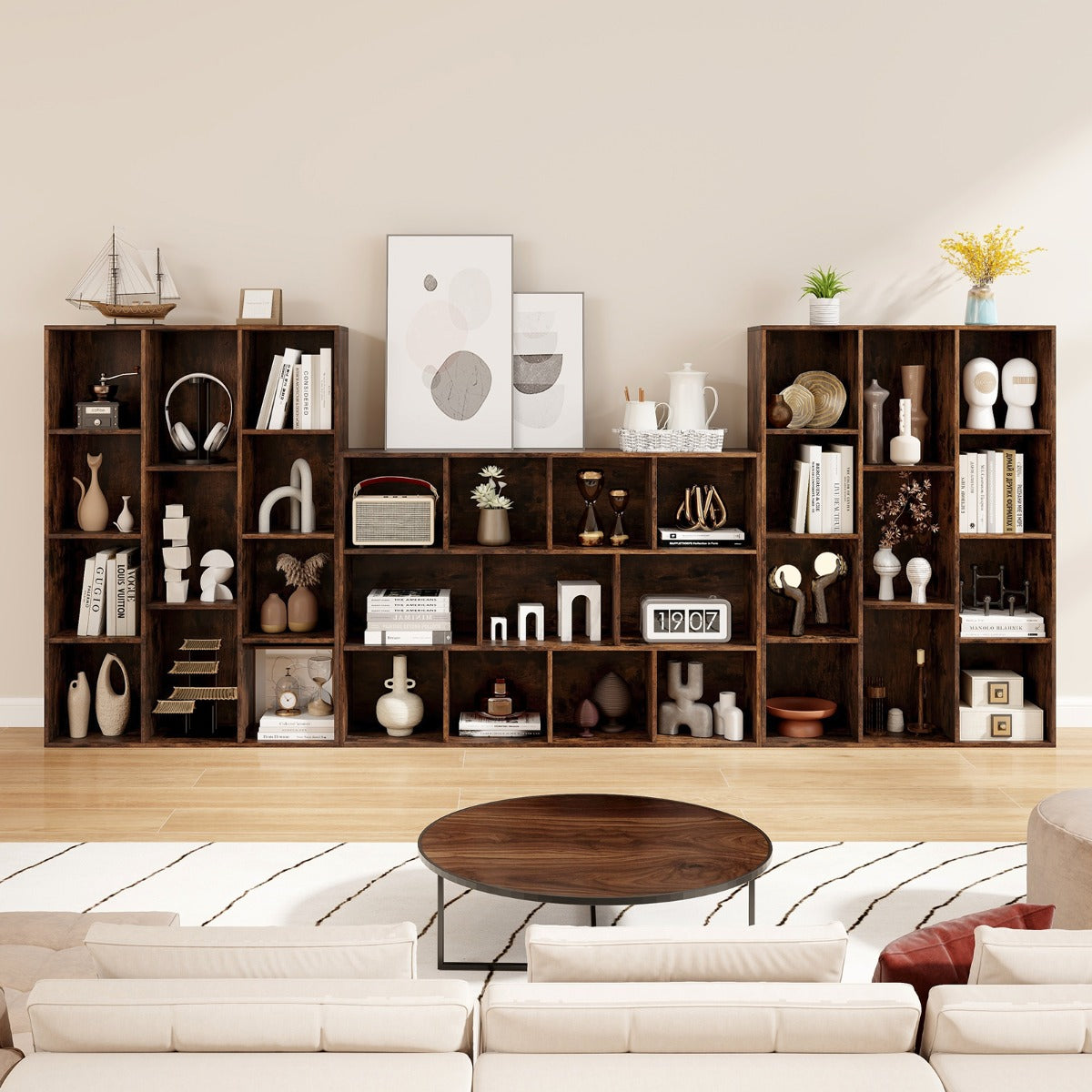 Libreria a 11 cubi multifunzionale con kit anti-ribaltamento per soggiorno-Scaffale moderno geometrico Marrone