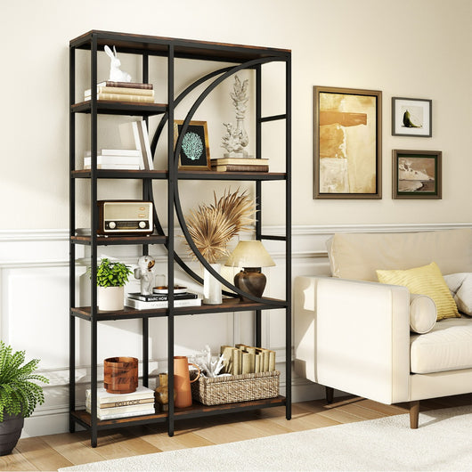 Libreria moderna a 6 ripiani aperti per soggiorno e ufficio domestico-Scaffale alto autoportante design a forma di mezzaluna Nero