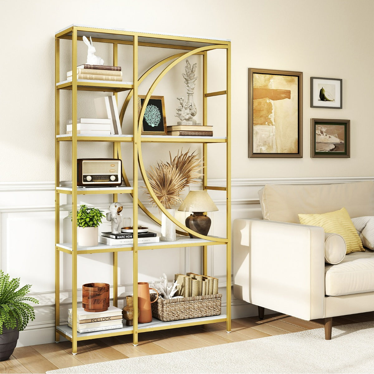 Libreria moderna a 6 ripiani aperti per soggiorno e ufficio domestico-Scaffale alto autoportante design a forma di mezzaluna Oro