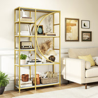 Libreria moderna a 6 ripiani aperti per soggiorno e ufficio domestico-Scaffale alto autoportante design a forma di mezzaluna Oro