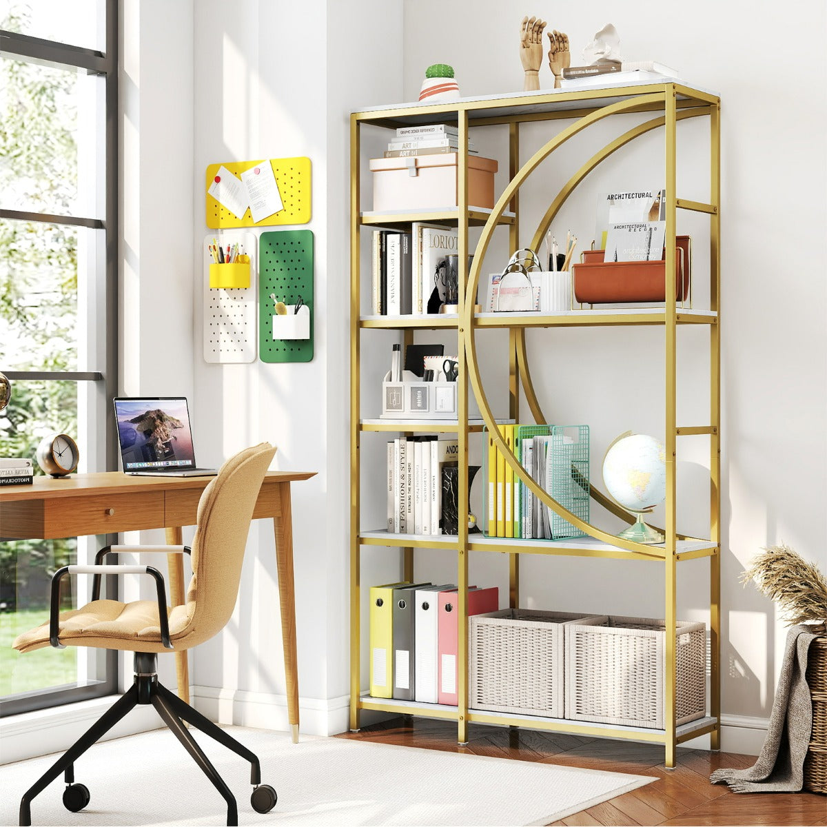Libreria moderna a 6 ripiani aperti per soggiorno e ufficio domestico-Scaffale alto autoportante design a forma di mezzaluna Oro