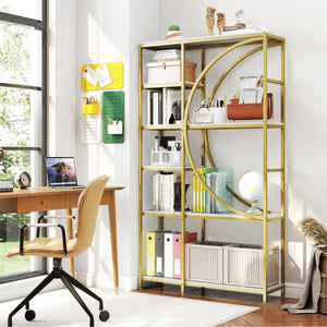 Libreria moderna a 6 ripiani aperti per soggiorno e ufficio domestico-Scaffale alto autoportante design a forma di mezzaluna Oro