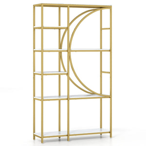 Libreria moderna a 6 ripiani aperti per soggiorno e ufficio domestico-Scaffale alto autoportante design a forma di mezzaluna Oro