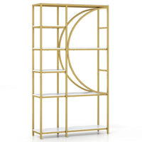 Libreria moderna a 6 ripiani aperti per soggiorno e ufficio domestico-Scaffale alto autoportante design a forma di mezzaluna Oro
