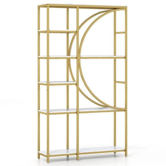 Libreria moderna a 6 ripiani aperti per soggiorno e ufficio domestico-Scaffale alto autoportante design a forma di mezzaluna Oro