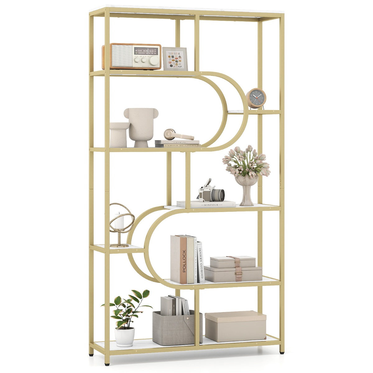 Libreria moderna scaffale per libri con piedini antiscivolo e antiribaltamento-Libreria moderna a 8 ripiani aperti Oro
