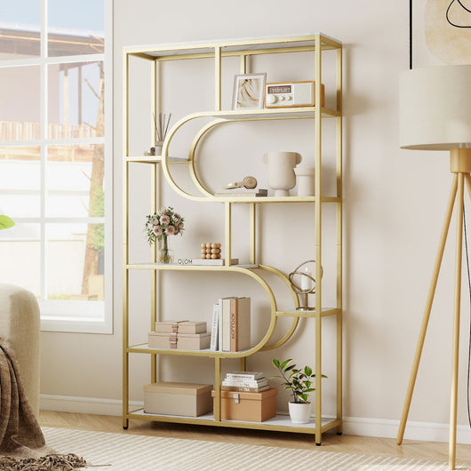 Libreria moderna scaffale per libri con piedini antiscivolo e antiribaltamento-Libreria moderna a 8 ripiani aperti Oro