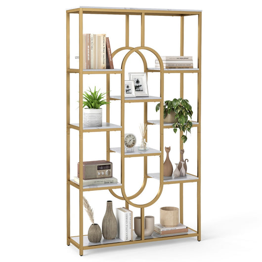 Libreria a 5 ripiani scaffale industriale etagere con ripiani aperti-Libreria scaffale alto autoportante a forma ovale Oro