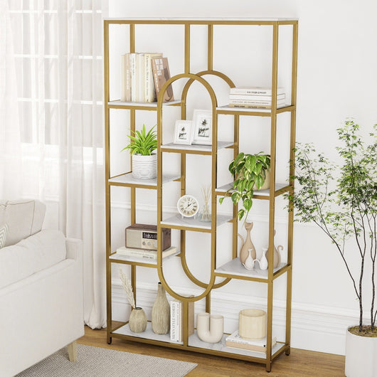 Libreria a 5 ripiani scaffale industriale etagere con ripiani aperti-Libreria scaffale alto autoportante a forma ovale Oro
