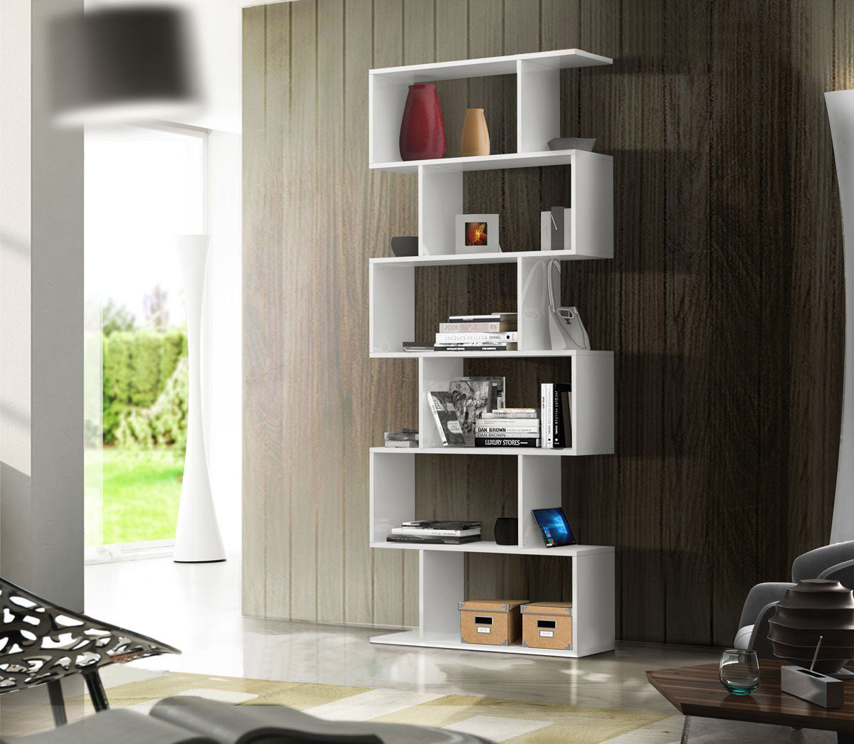 Libreria soggiorno BOOK, bianco lucido e opaco, 6 ripiani, made in Italy, ZTC22680201