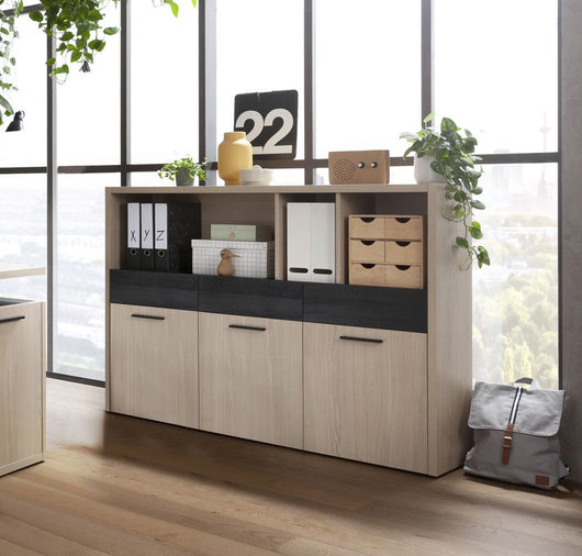 Libreria attrezzata Leonardo con 3 ante in finitura Rovere e Nero chalet, ZCMLEOLIB6204V2