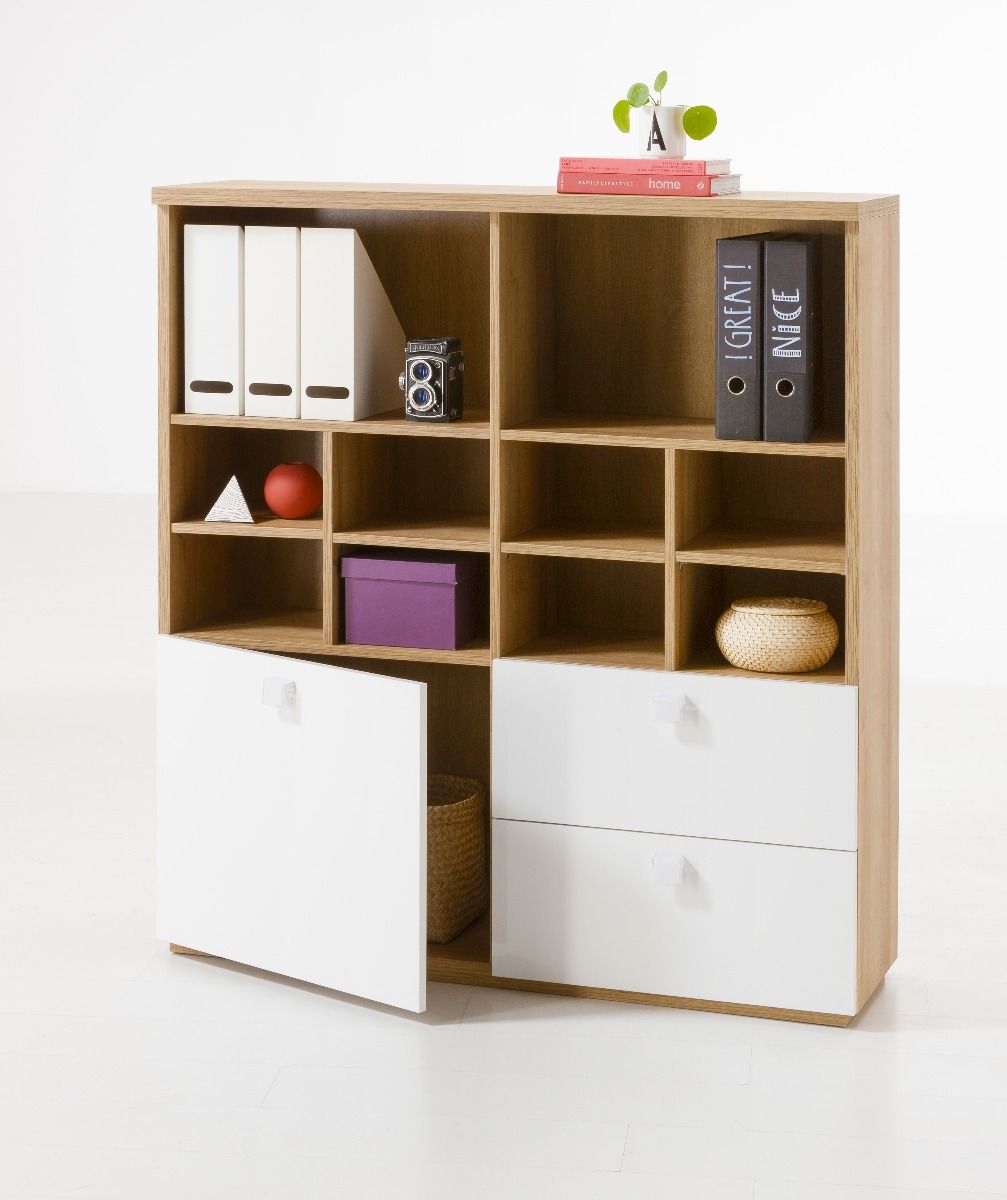 Libreria Industry per ufficio con 2 cassetti e un'anta in finitura Rovere e Bianco laccato, ZCMGLBLB5529