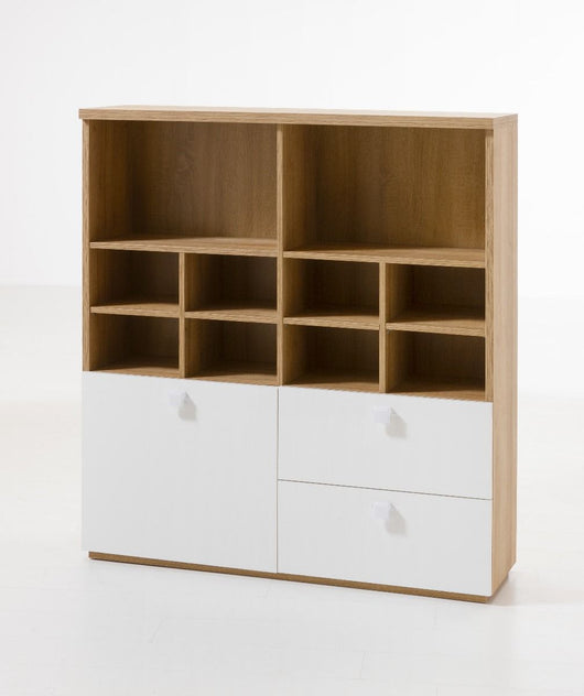 Libreria Industry per ufficio con 2 cassetti e un'anta in finitura Rovere e Bianco laccato, ZCMGLBLB5529