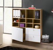 Libreria Industry per ufficio con 2 cassetti e un'anta in finitura Rovere e Bianco laccato, ZCMGLBLB5529