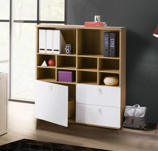 Libreria Industry per ufficio con 2 cassetti e un'anta in finitura Rovere e Bianco laccato, ZCMGLBLB5529
