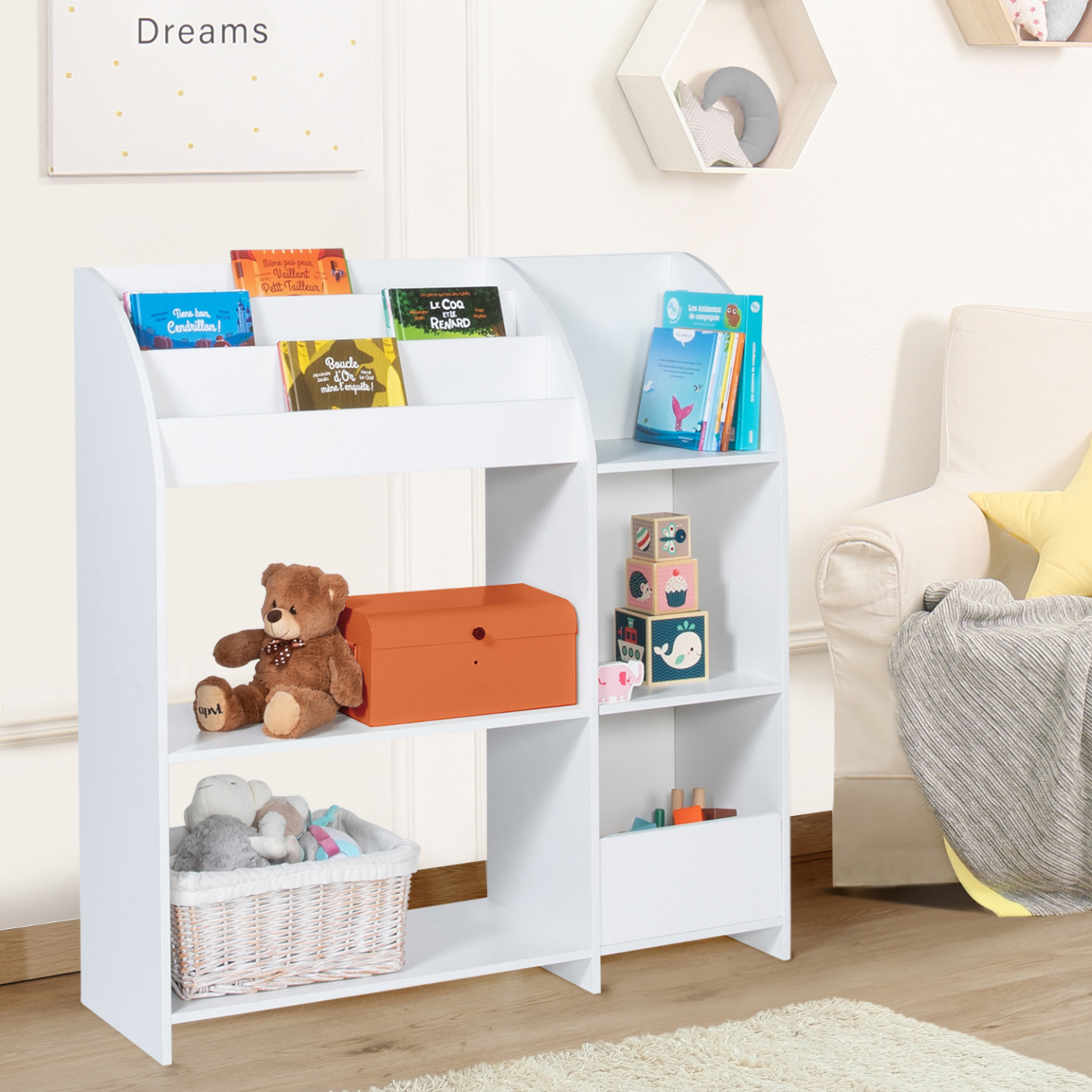 IDMarket - Libreria, mobili contenitori in legno bianco con ripani, scaffale per giocattoli per bambini EMMA