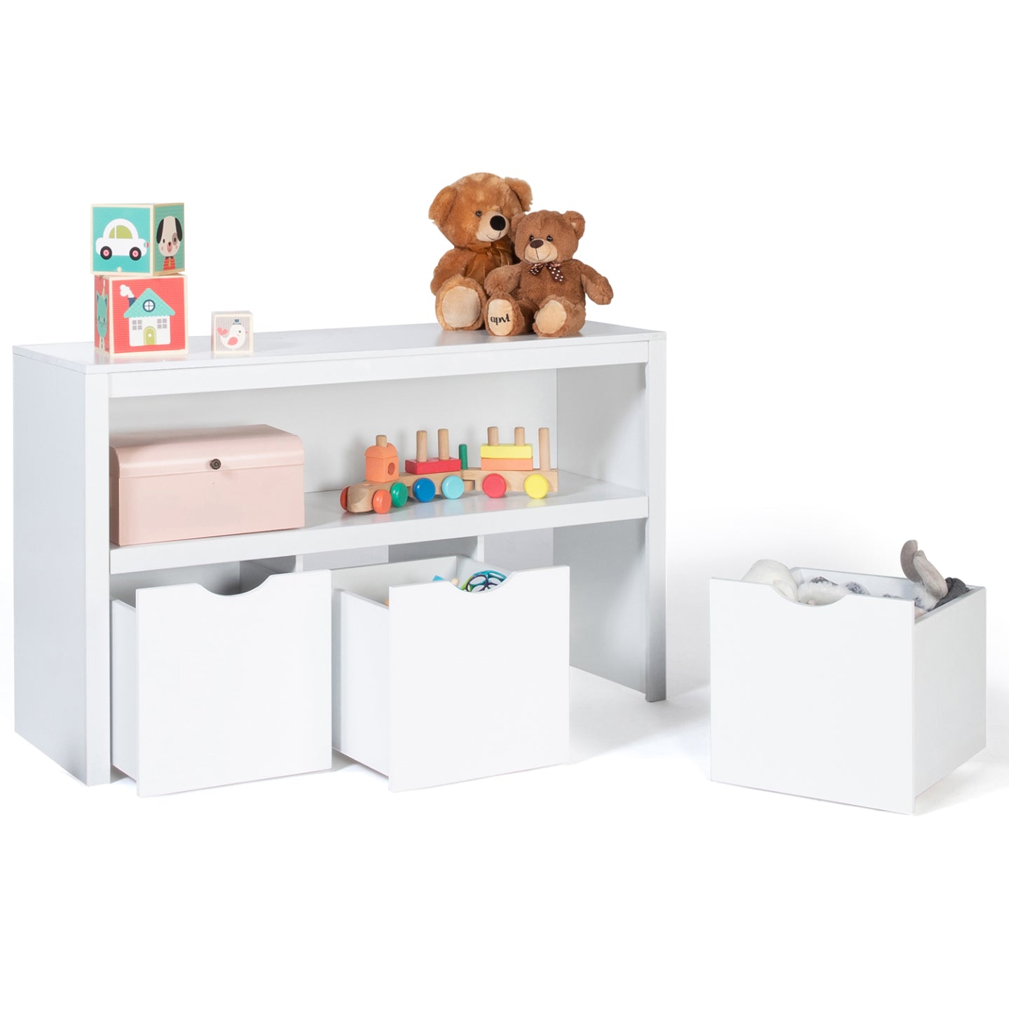 IDMarket - Libreria per bambini MANA in legno bianco con 3 cassetti cubici su rotelle