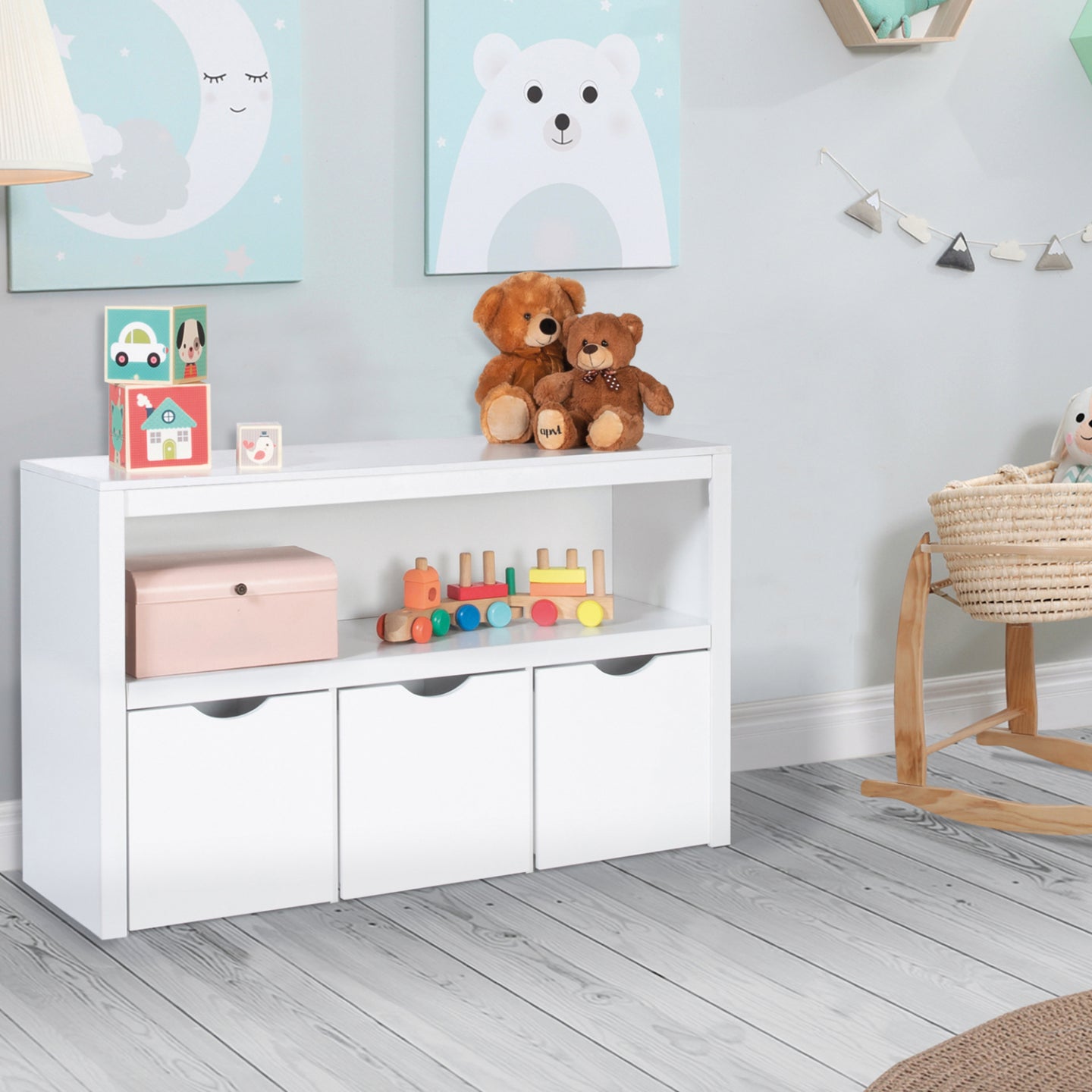 IDMarket - Libreria per bambini MANA in legno bianco con 3 cassetti cubici su rotelle