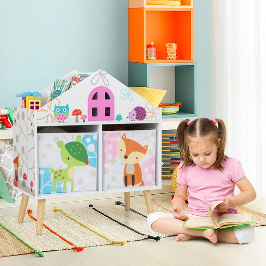 Libreria a forma di casa per bambini-Scaffale libreria in legno con 2 contenitori rimovibili gambe in legno massello Bianco