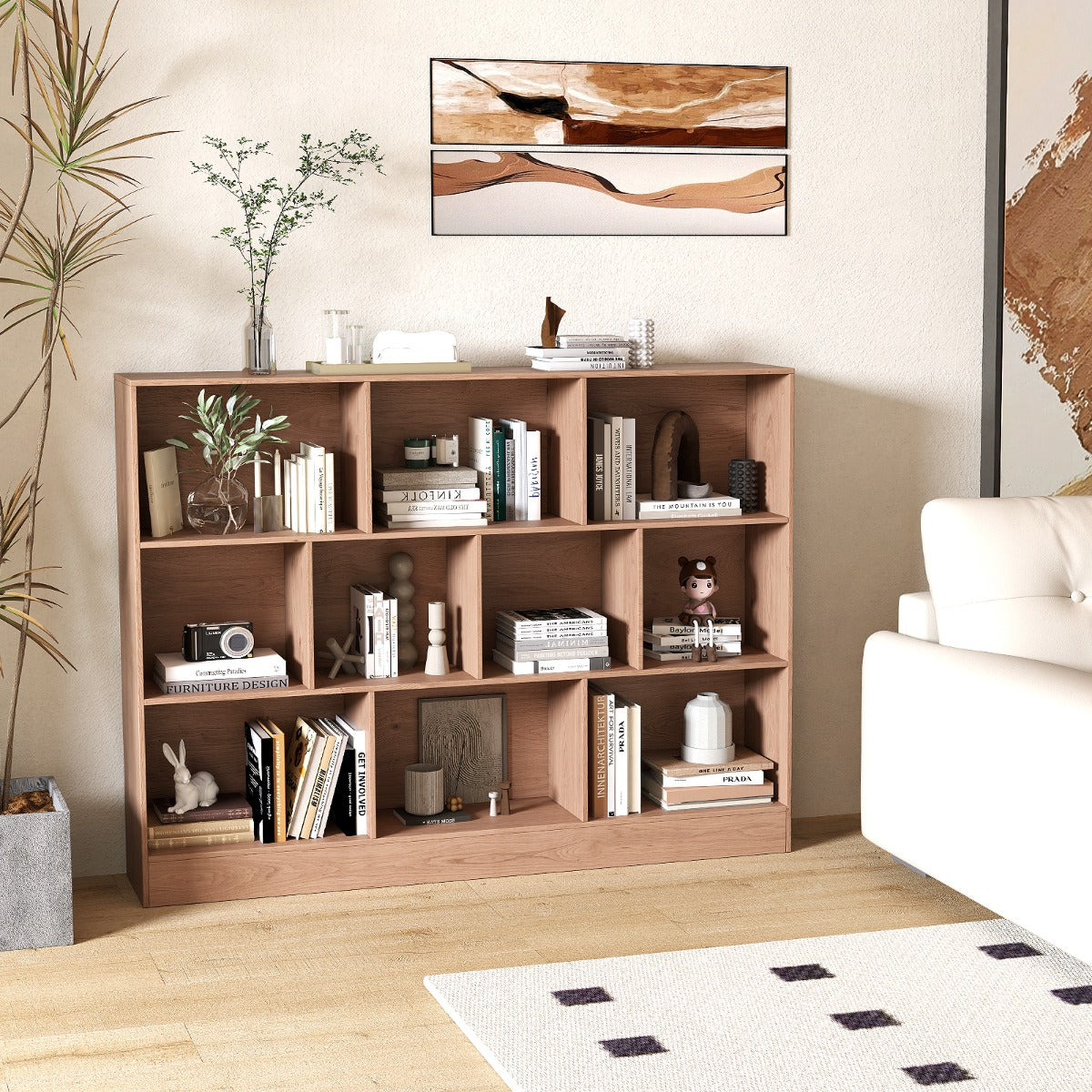 Libreria a 10 cubi con 2 kit anti-ribaltamento-Organizzatore di stoccaggio a 3 ripiani in legno alto 140cm Naturale