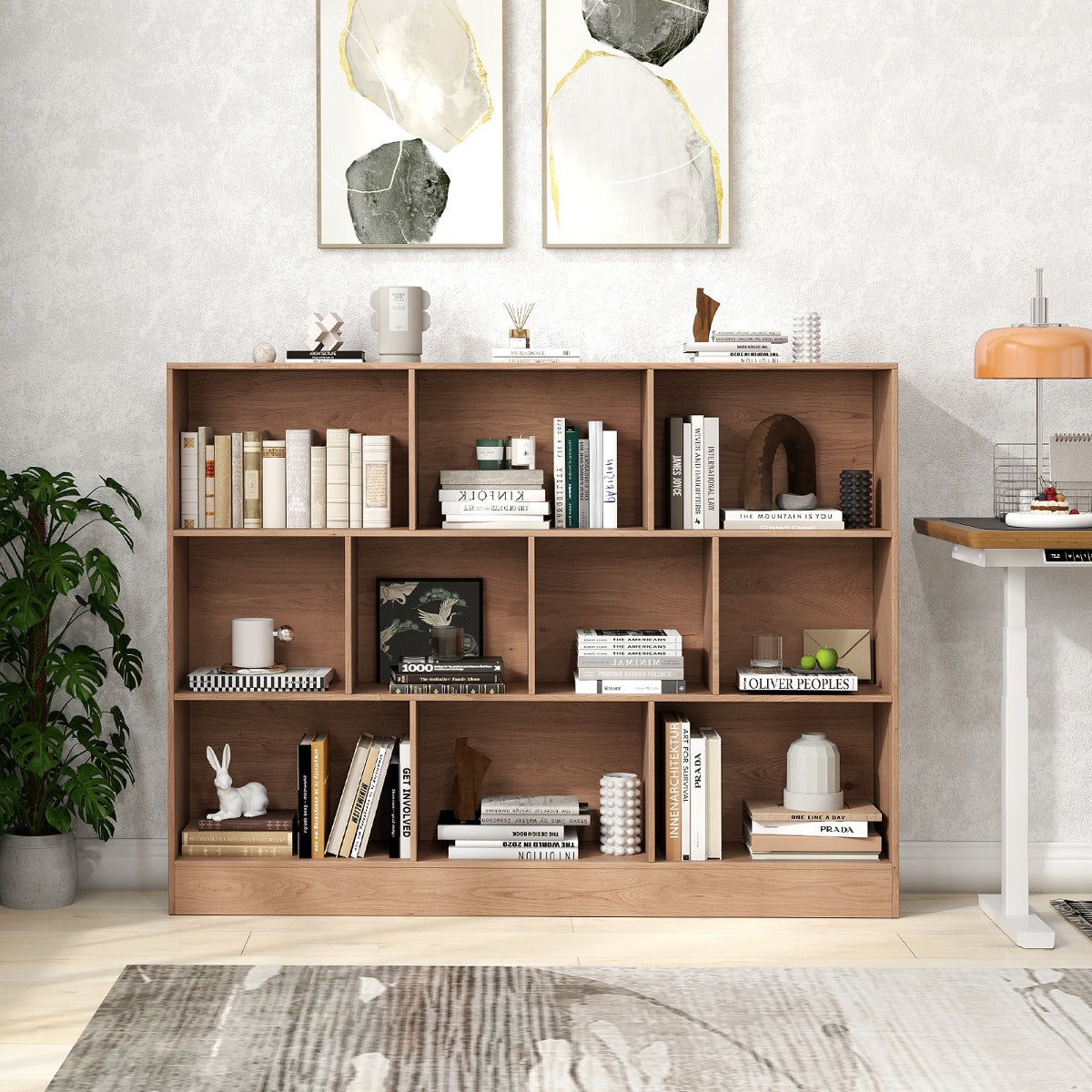Libreria a 10 cubi con 2 kit anti-ribaltamento-Organizzatore di stoccaggio a 3 ripiani in legno alto 140cm Naturale