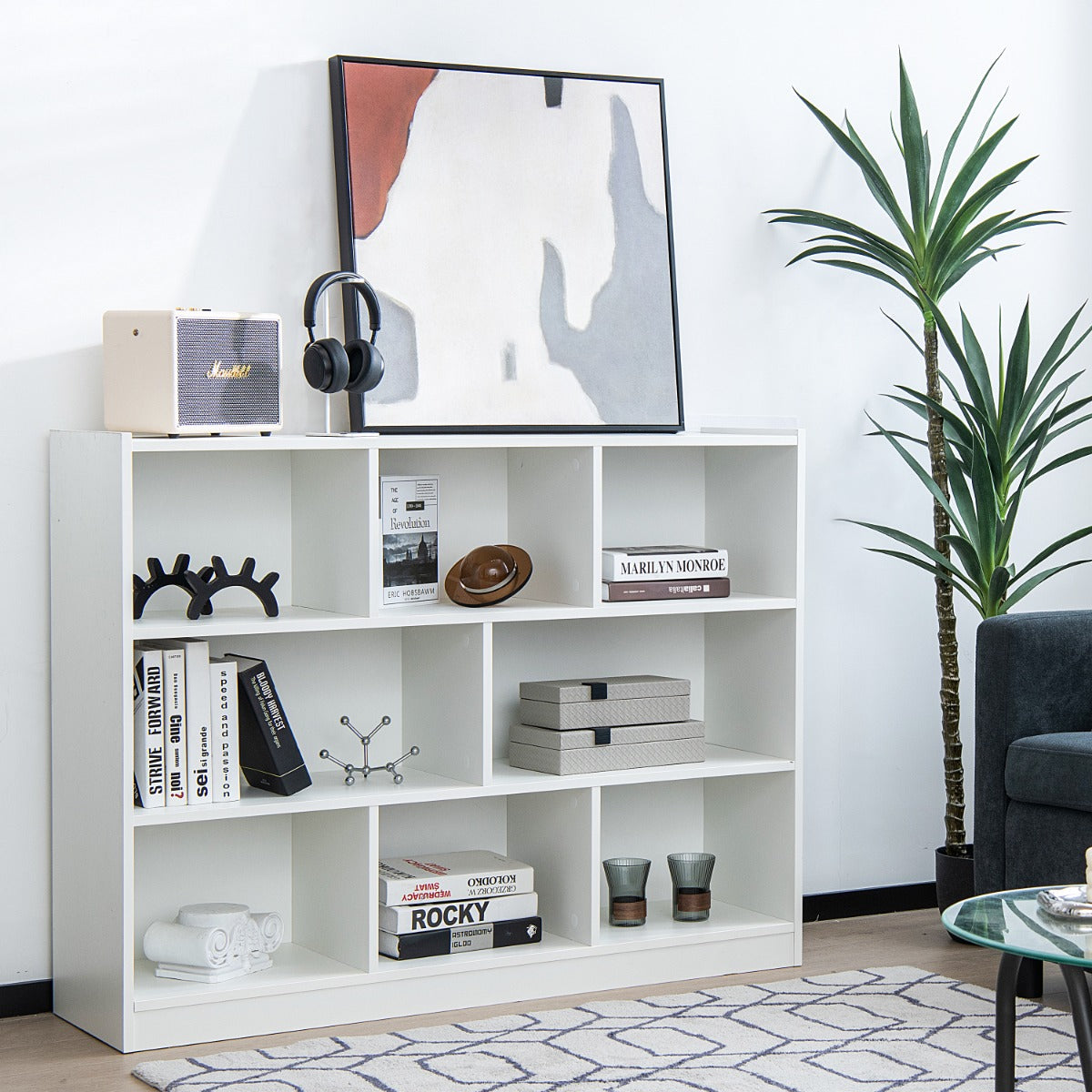 Libreria a 3 livelli in legno, Mobiletto espositore moderno a 8 cubi da salotto camera da letto studio Bianco-Librerie