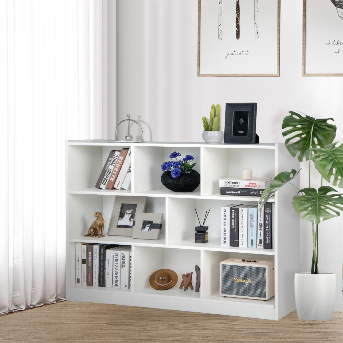 Libreria a 3 livelli in legno, Mobiletto espositore moderno a 8 cubi da salotto camera da letto studio Bianco-Librerie