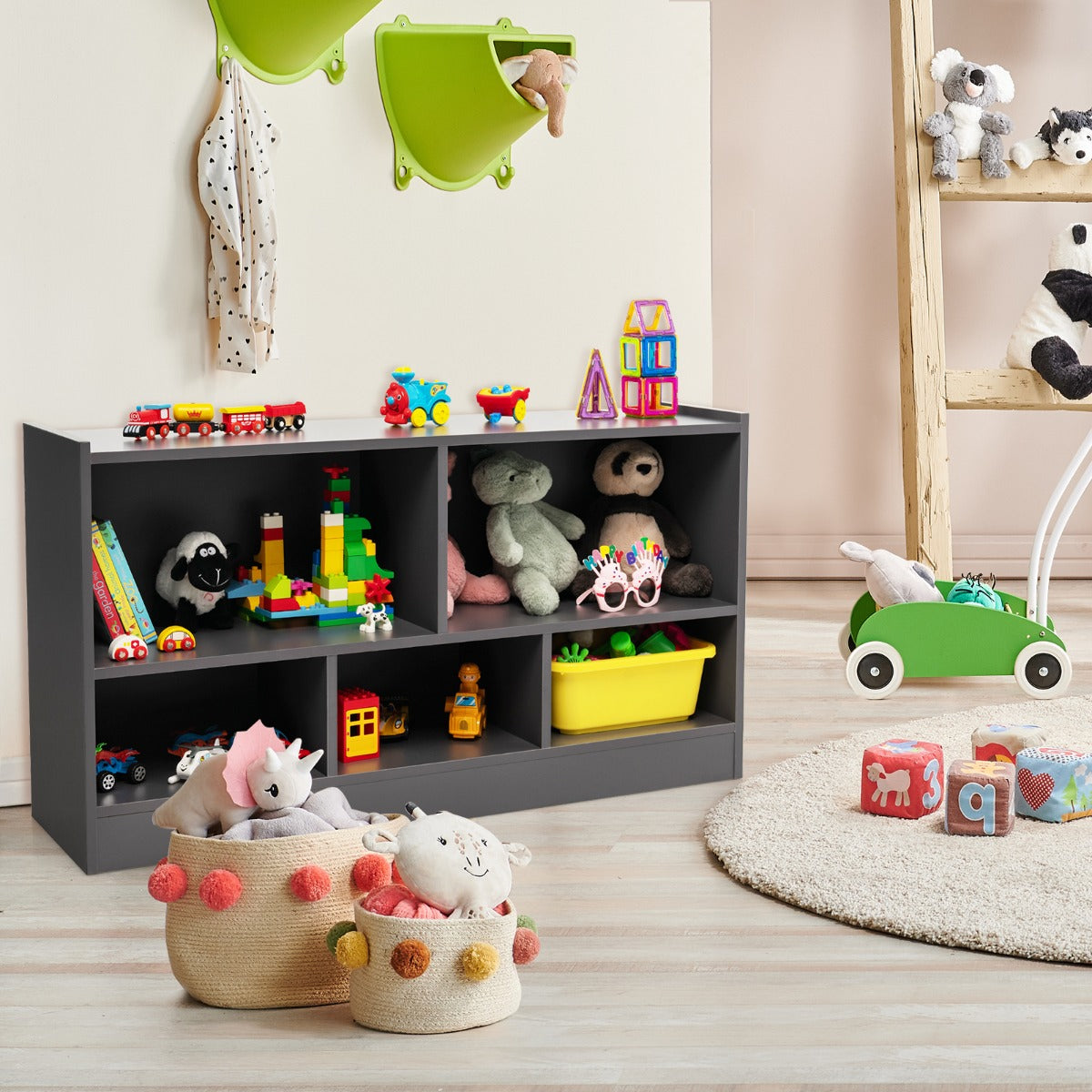 Libreria a 5 cubi per bambini e organizer giocattoli-Scaffale legno con 5 scompartimenti per stanza Grigio scuro