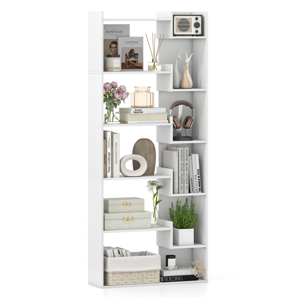 Libreria a 6 ripiani scaffale in legno con 2 kit anti-ribaltamento-Scaffale aperto per esposizione unit¨¤ Bianco