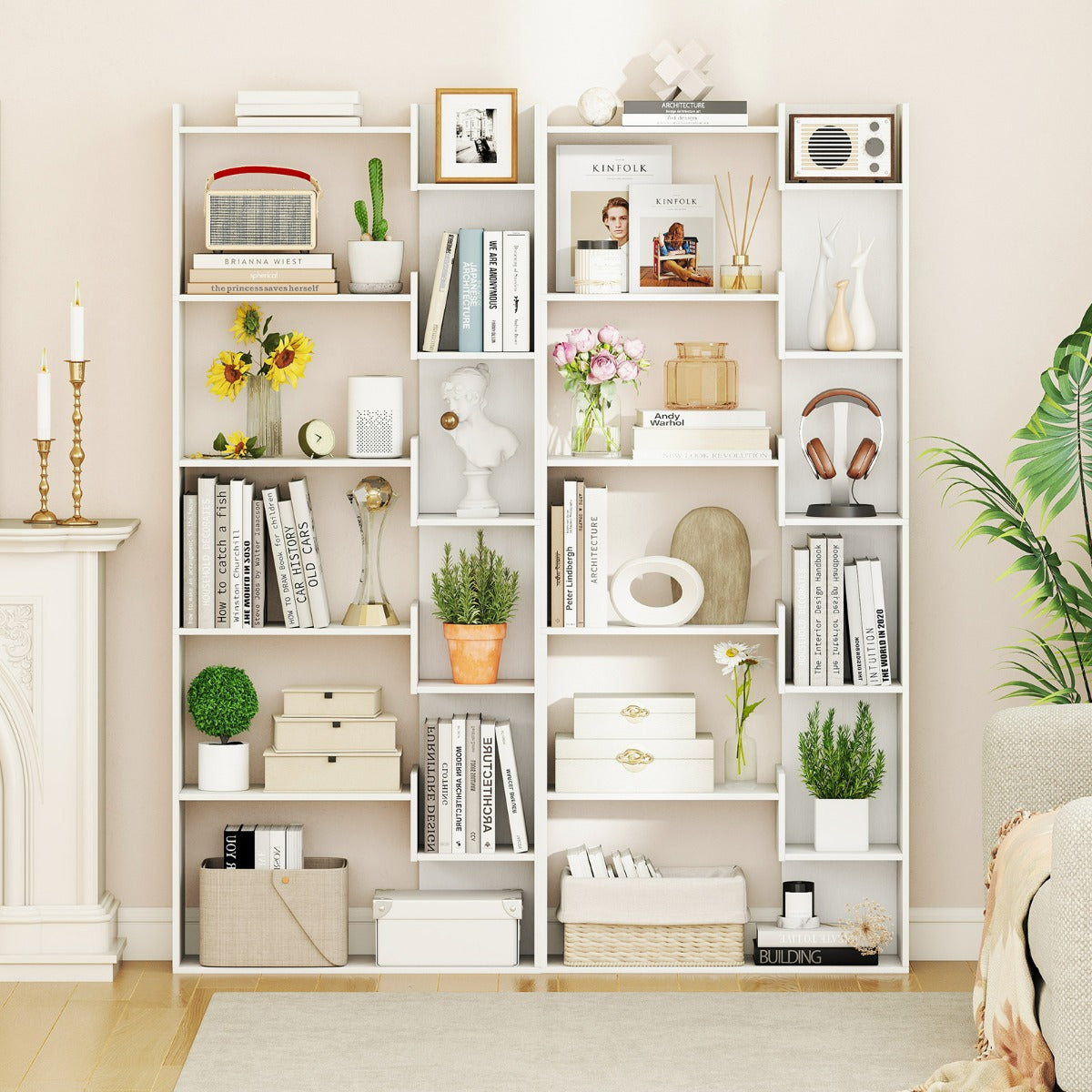 Libreria a 6 ripiani scaffale in legno con 2 kit anti-ribaltamento-Scaffale aperto per esposizione unit¨¤ Bianco