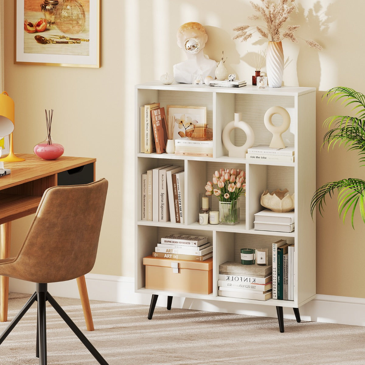 Organizzatore di stoccaggio moderno con 4 gambe di metallo affusolate, Libreria a 7 cubi studio camera da letto Bianco-Librerie