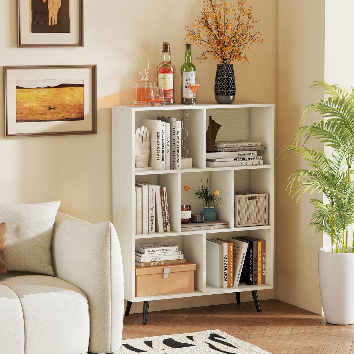 Organizzatore di stoccaggio moderno con 4 gambe di metallo affusolate, Libreria a 7 cubi studio camera da letto Bianco-Librerie