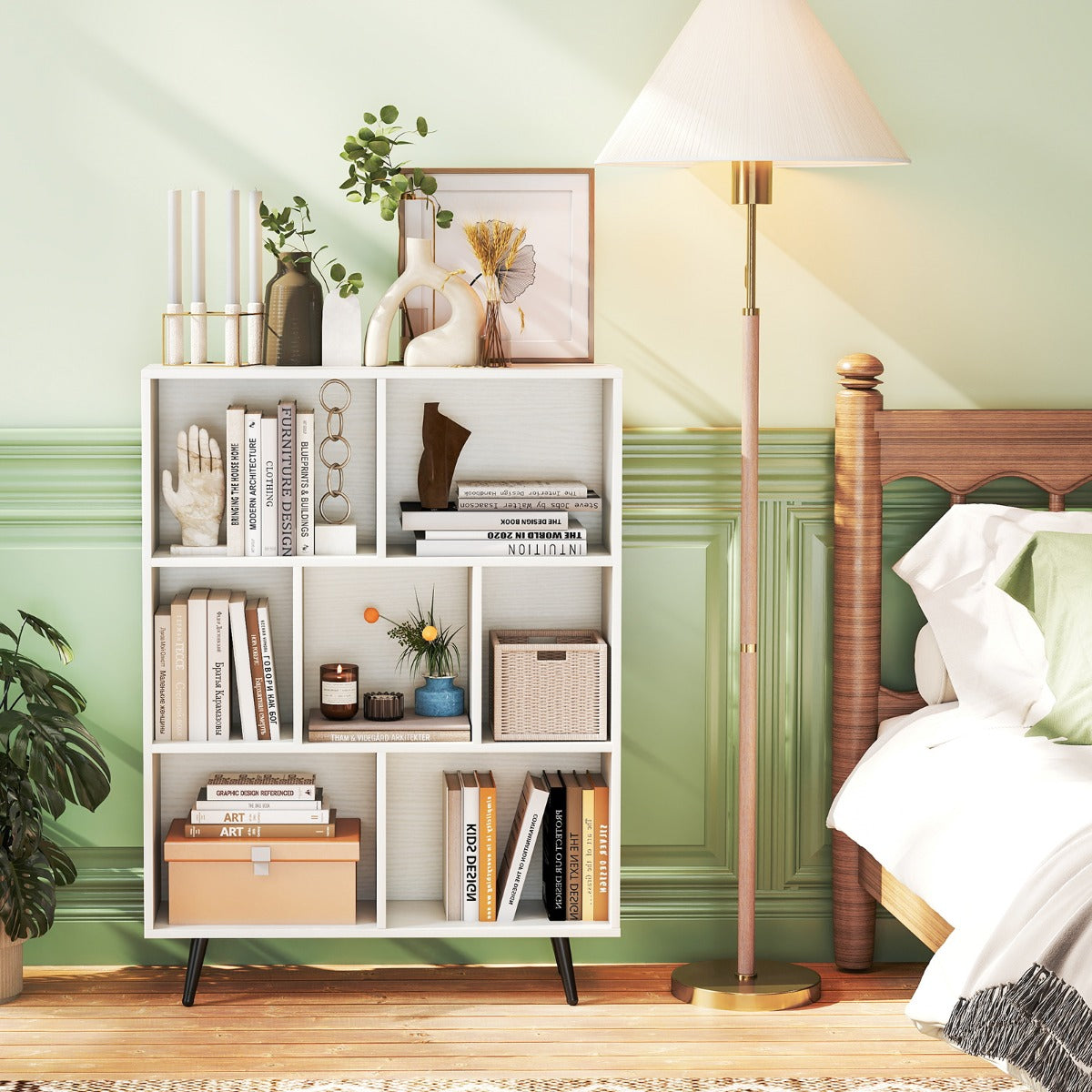 Organizzatore di stoccaggio moderno con 4 gambe di metallo affusolate, Libreria a 7 cubi studio camera da letto Bianco-Librerie
