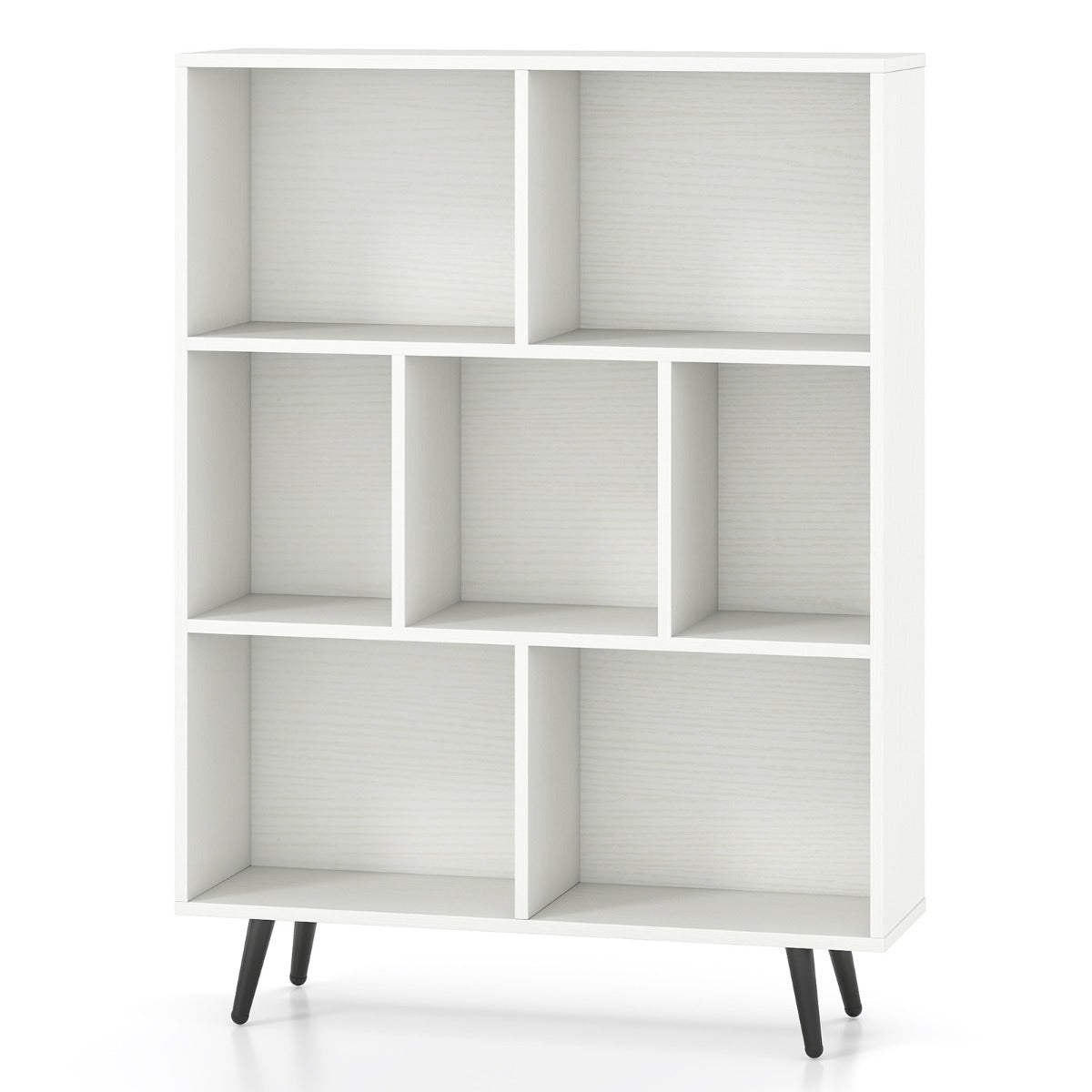 Organizzatore di stoccaggio moderno con 4 gambe di metallo affusolate, Libreria a 7 cubi studio camera da letto Bianco-Librerie