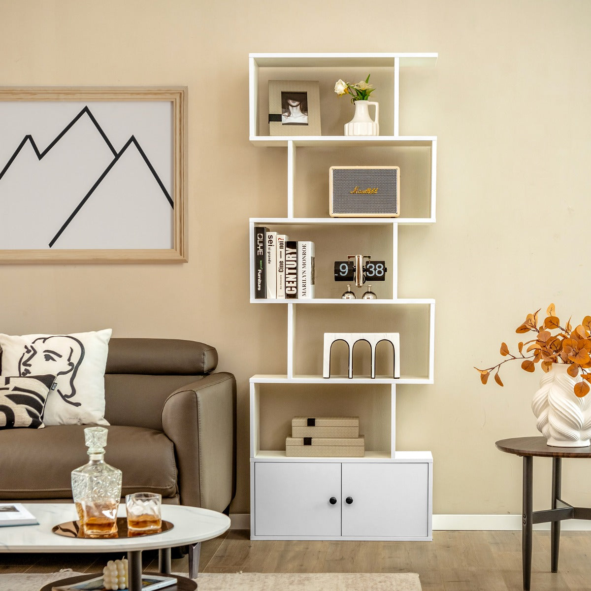 Libreria a forma di S a 5 livelli con ante-Scaffale decorativo in legno per il soggiorno l'ufficio Bianco