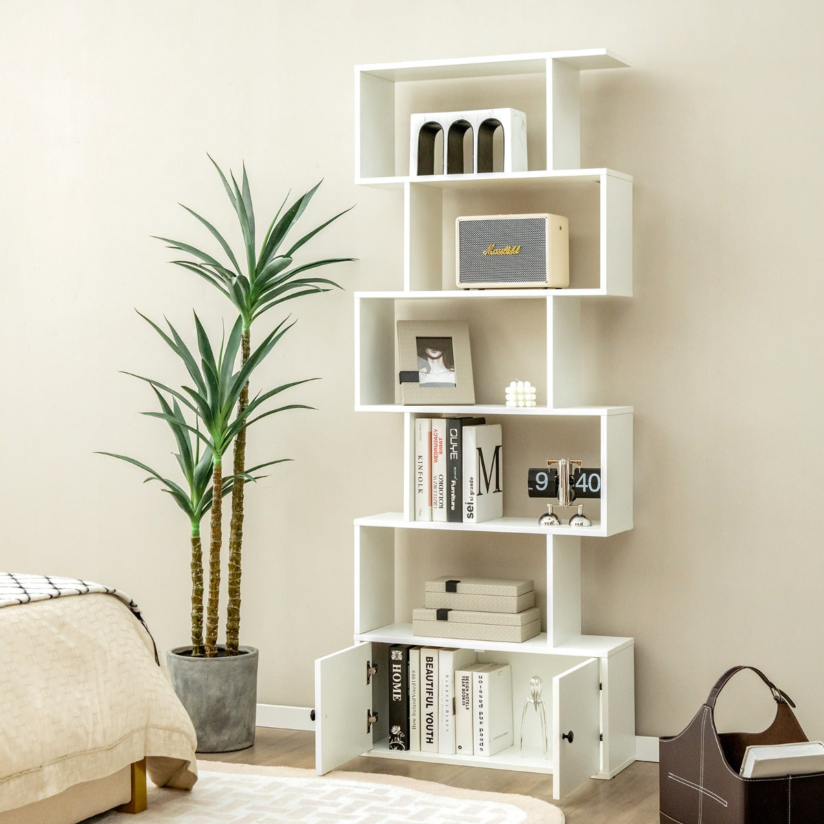 Libreria a forma di S a 5 livelli con ante-Scaffale decorativo in legno per il soggiorno l'ufficio Bianco