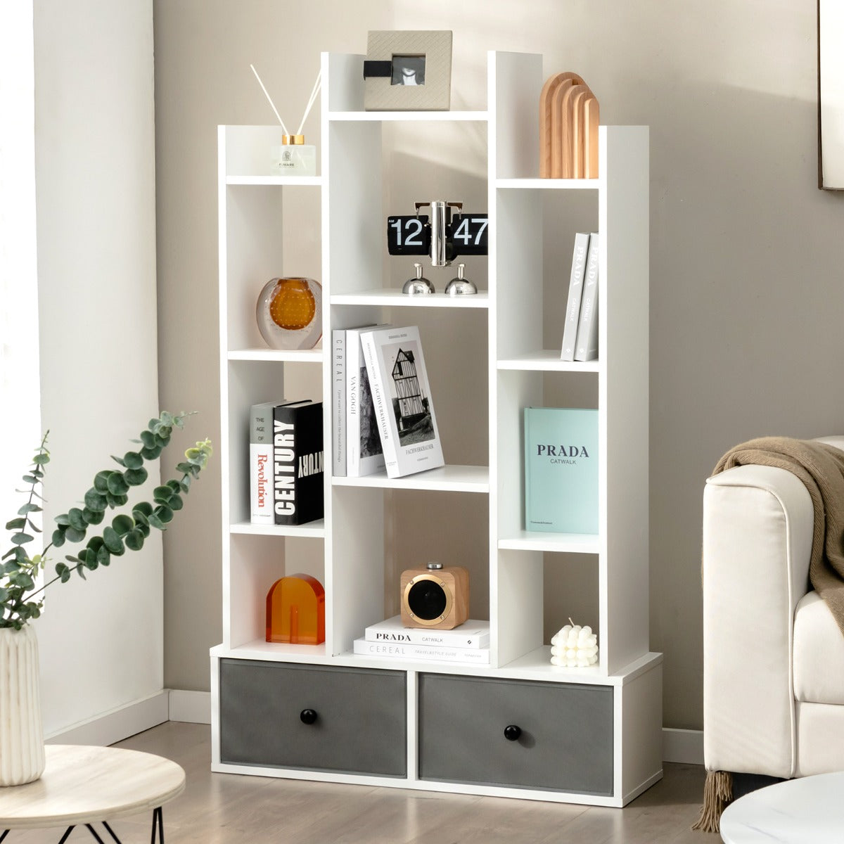 Libreria a schienale aperto a 12 livelli con cassetto-Scaffale espositivo indipendente da 132cm Bianco