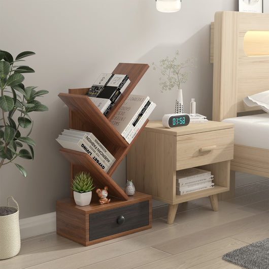 Libreria ad albero a 5 ripiani per scrivania-Libreria piccola con cassetto per CD riviste da esposizione Marrone