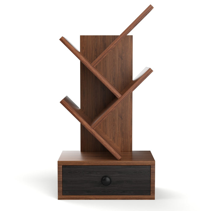 Libreria ad albero a 5 ripiani per scrivania-Libreria piccola con cassetto per CD riviste da esposizione Marrone