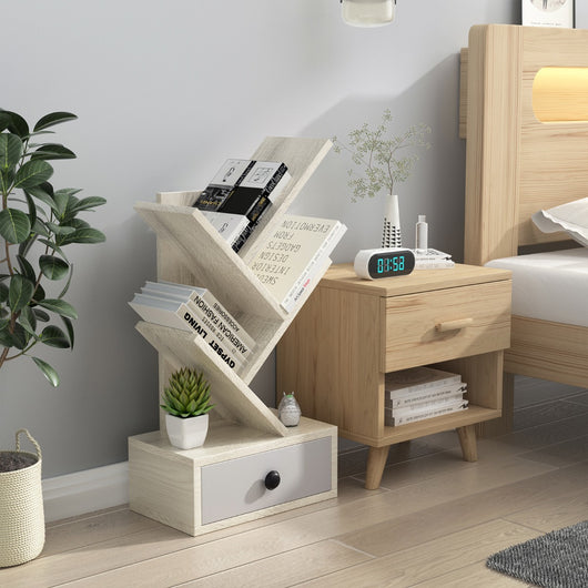 Libreria ad albero a 5 ripiani per scrivania-Libreria piccola con cassetto per CD riviste da esposizione Beige