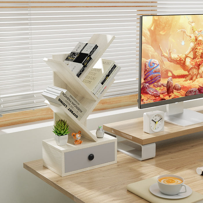Libreria ad albero a 5 ripiani per scrivania-Libreria piccola con cassetto per CD riviste da esposizione Beige
