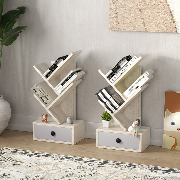 Libreria ad albero a 5 ripiani per scrivania-Libreria piccola con cassetto per CD riviste da esposizione Beige