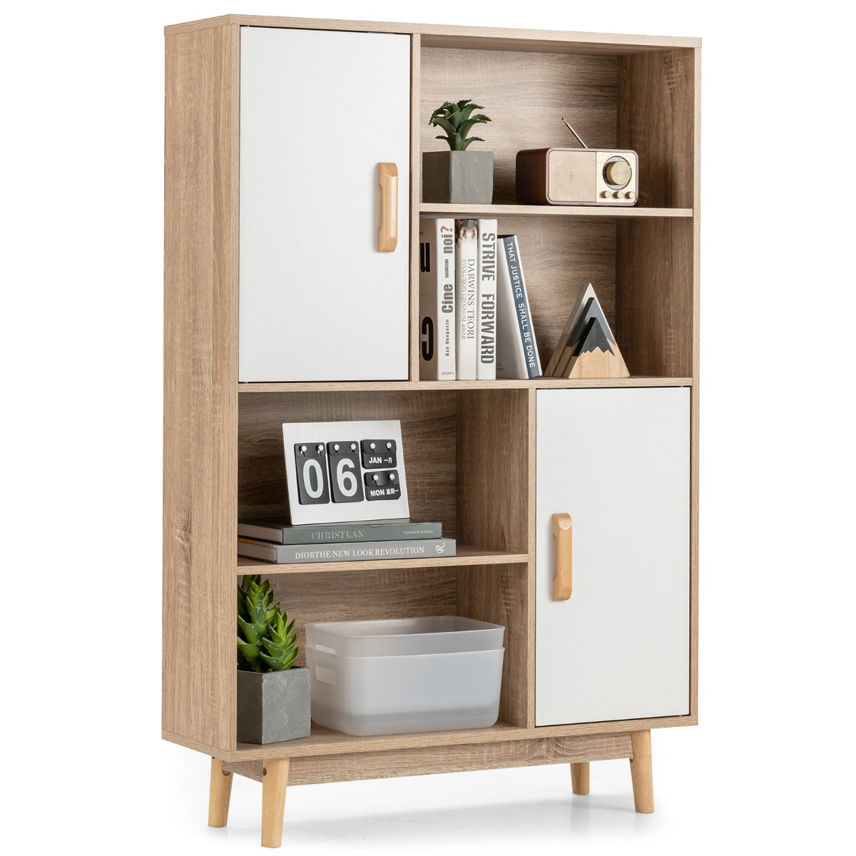 Libreria di legno con 4 livelli e 4 mensole aperte-Libreria per libri foto decorazioni con cuscinetti Bianco