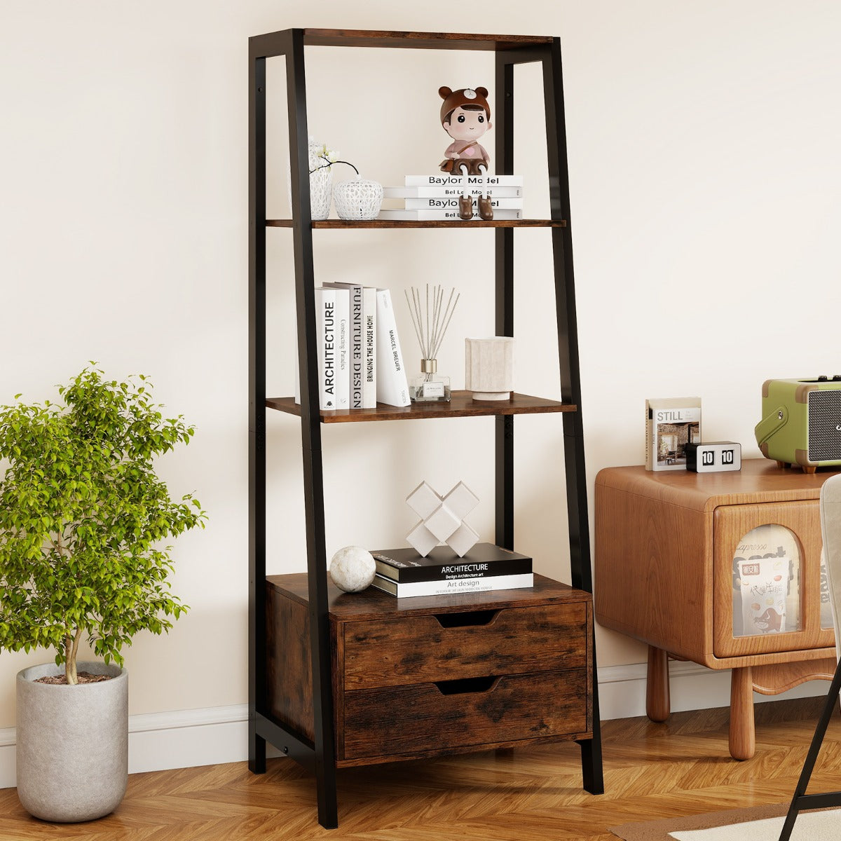 Libreria a scala con cassetti per camera da letto ufficio a casa-Alto scaffale autoportante con 4 ripiani aperti e 2 cassetti Marrone