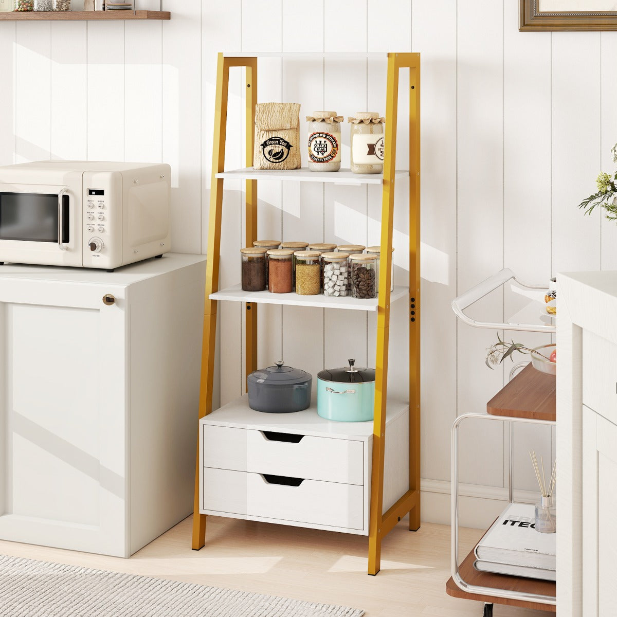 Libreria a scala con cassetti per camera da letto ufficio a casa-Alto scaffale autoportante con 4 ripiani aperti e 2 cassetti Bianco