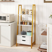 Libreria a scala con cassetti per camera da letto ufficio a casa-Alto scaffale autoportante con 4 ripiani aperti e 2 cassetti Bianco