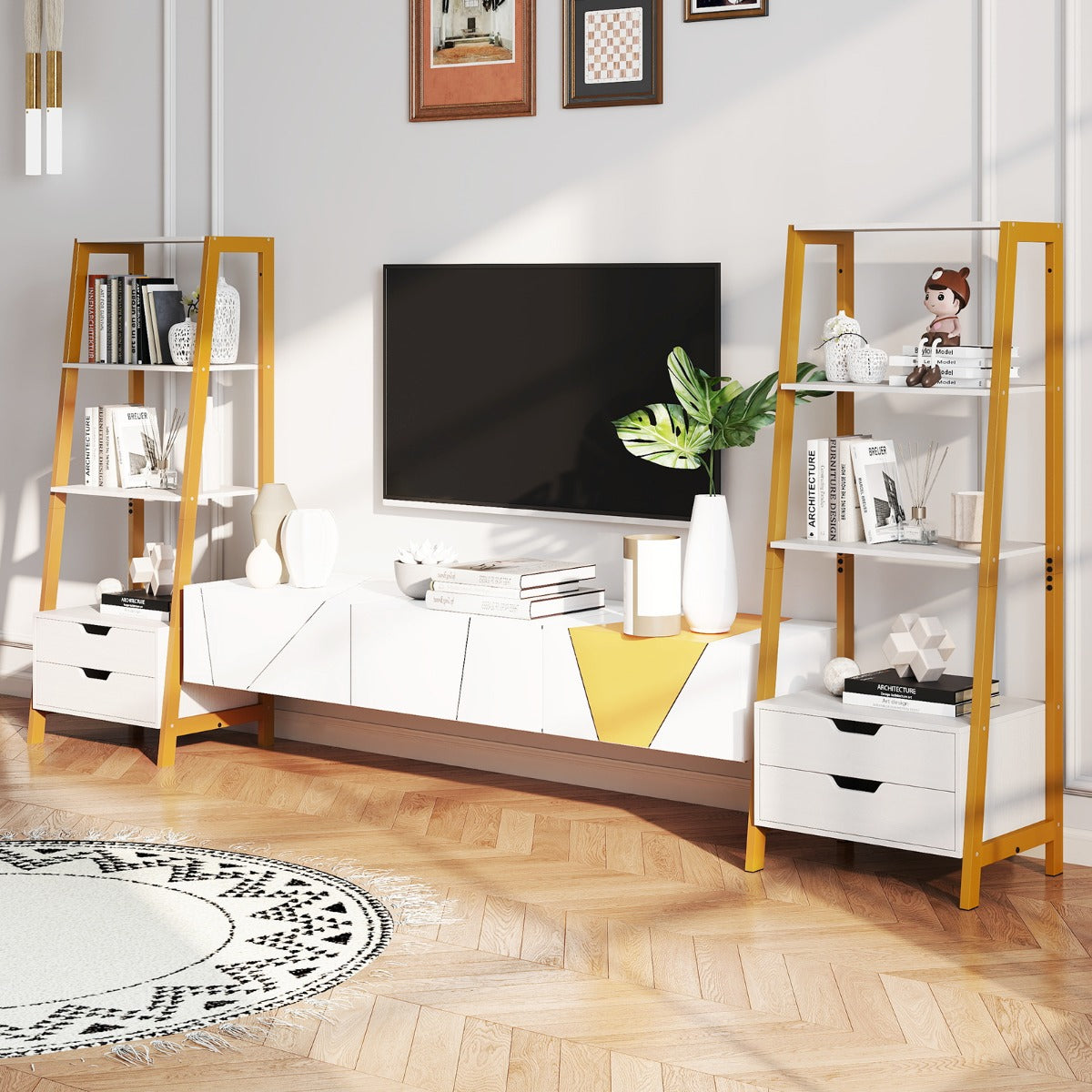 Libreria a scala con cassetti per camera da letto ufficio a casa-Alto scaffale autoportante con 4 ripiani aperti e 2 cassetti Bianco