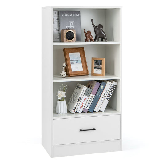 Libreria da terra in legno con cassetto-Scaffale espositivo a 4 livelli per casa 60x38x120cm Bianco