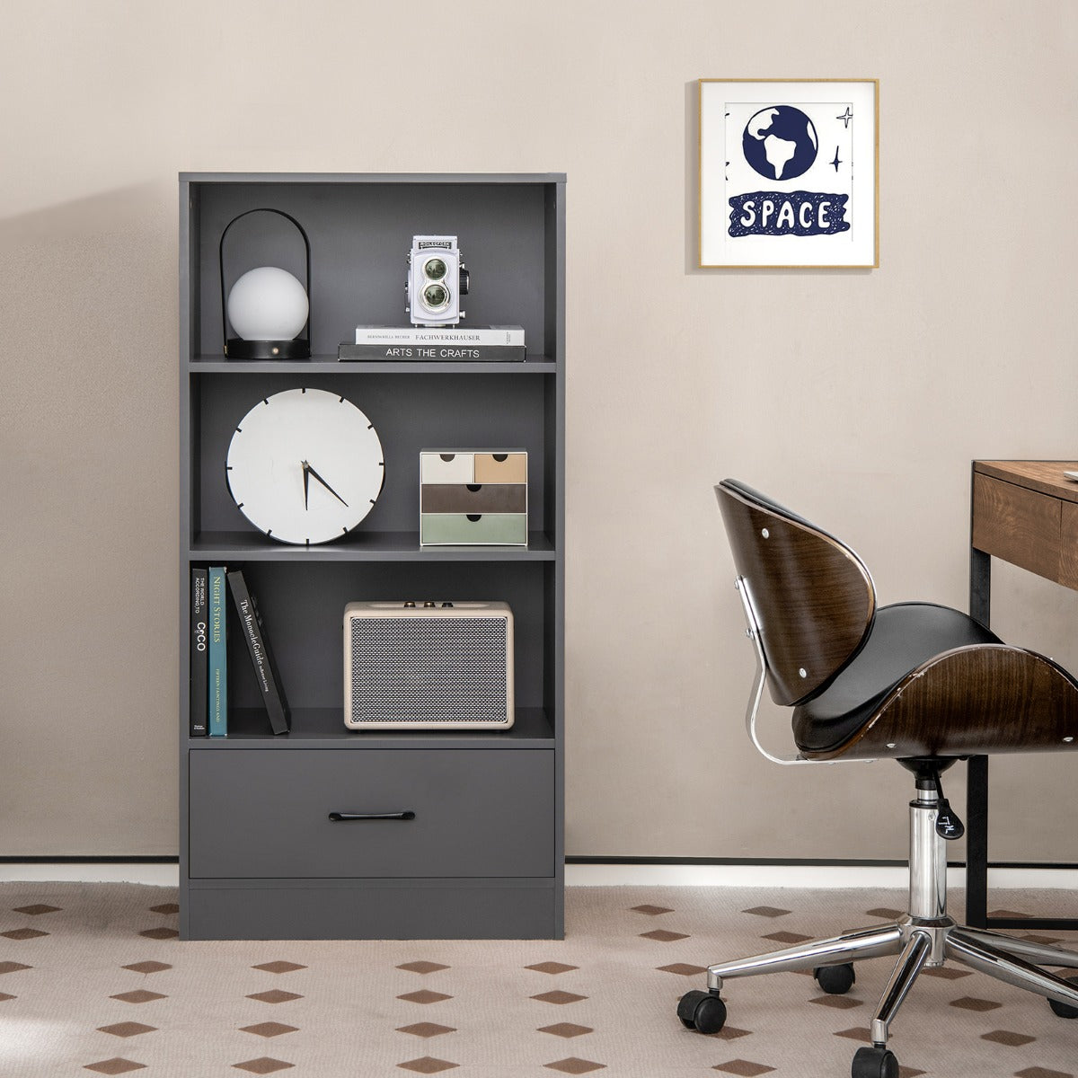 Libreria da terra in legno con cassetto-Scaffale espositivo a 4 livelli per casa 60x38x120cm Grigio scuro